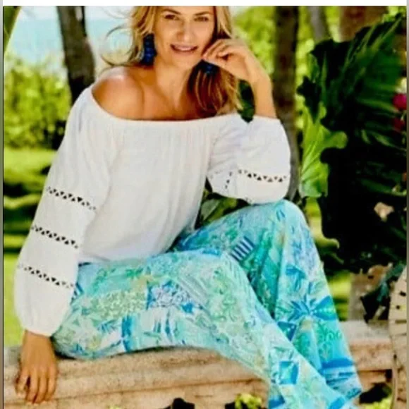 EUC Lilly Pulitzer Bal-Harbour Whisper Blue Mid-Rise Wide Leg Palazzo Pants - Picture 3 of 15